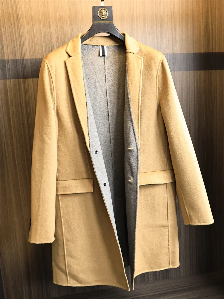

Faionable Urban Men's Woolen Coat Pure Color Midi Length Turn-down Collar Trench Coat Warmth And Sle for Autumn And Winter