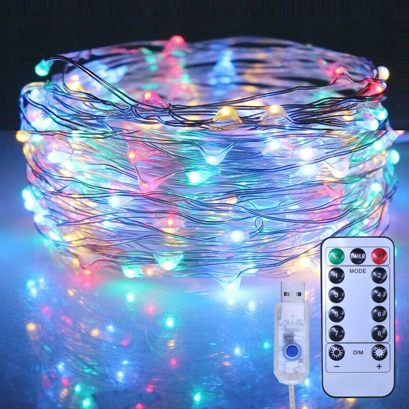 USB LED String Light Copper Wire Garland Light 8 Modes Remote Control Waterproof Fairy Lights Party Christmas Wedding Decoration