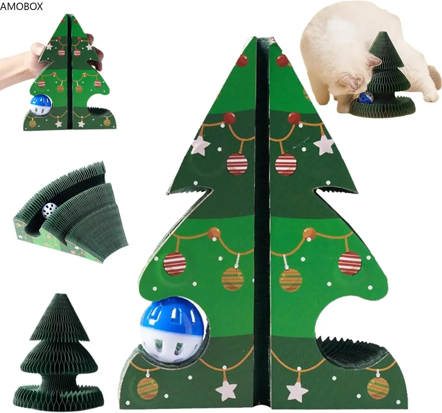 AMOBOX Christmas Tree for Cats, Christmas Accordion Cat Scratching Board, Interactive Cat Scratching Board with Bell (1PC) Toy