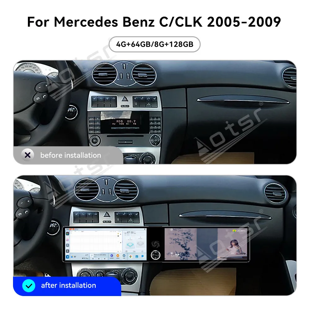 

Для Mercedes Benz C-класса CLK 2005-2009: 12,3-дюймовая автомагнитола, мультимедийный видеоплеер, GPS-навигация, Carplay, DSP, Android 13