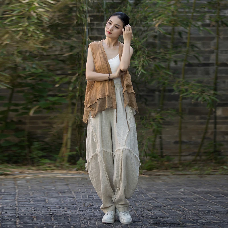 Women Vintage Ramie Cotton Linen Pants Elastic Waist  Wide Leg Trousers Spring Summer Tie-dye Harem Pants Loose Bloomers