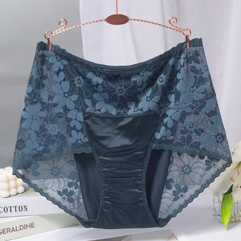 BS70 Sexy Intimates High Waist Silk Women Panties Transparent Flower Lace Satin Briefs Seamless Female Underwear Plus Size 3XL