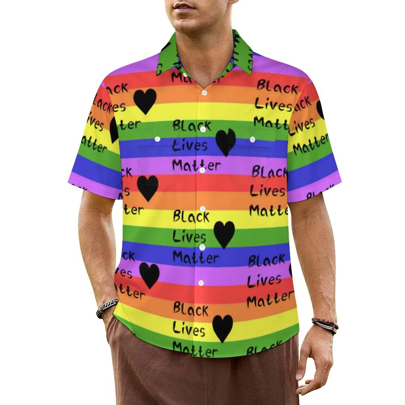 

Black Heart Print Vacation Shirt Rainbow Flag Hawaiian Casual Shirts Male Vintage Blouses Short Sleeve Streetwear Custom Clothes