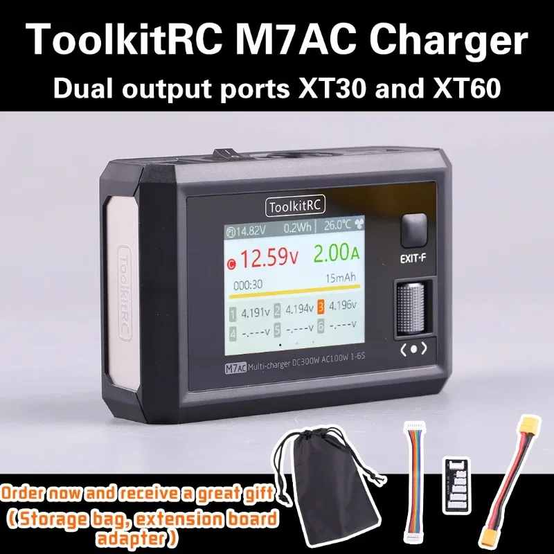 NEW ToolkitRC M7AC AC 100W / DC 300W Input XT60 XT30 Output 2-6S Lipo Battery Balance Charger for Model Aircraft Drone Charge