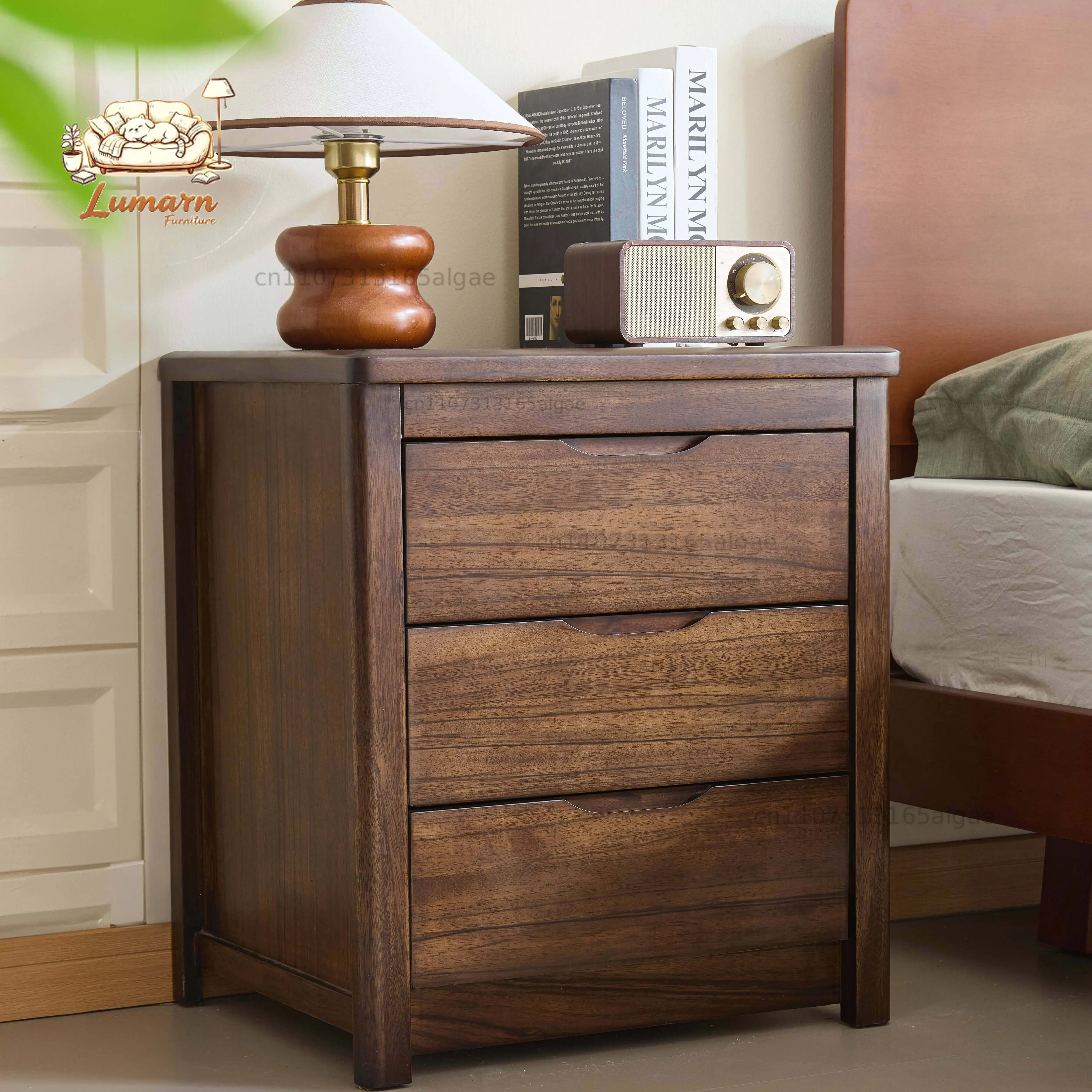 Bedside table walnut solid wood three-draw with lock chest cabinet household bedroom modern environmental protection light