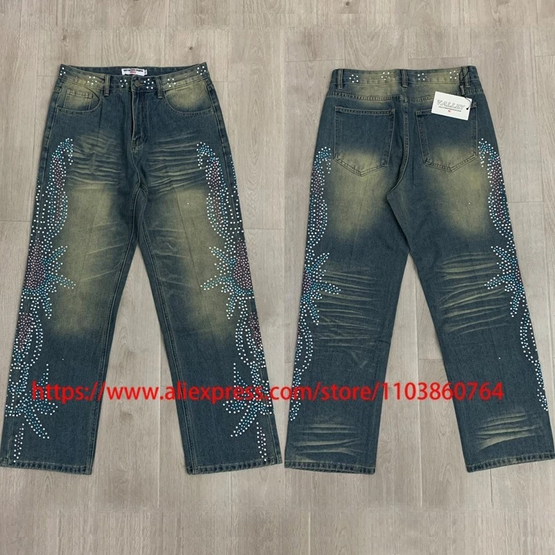 

2025 Fashionable Brand VALE Jeans High-quality Leisure Hot Drill Rhinestone Flower Pattern VALLEY Denim Pants Straight-leg Pants