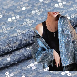 Water Washed Embroidered Denim Fabric Sequins Thickened for Coat Bag Pure Cotton Material Designer Diy Sewing Wholesale Cloth