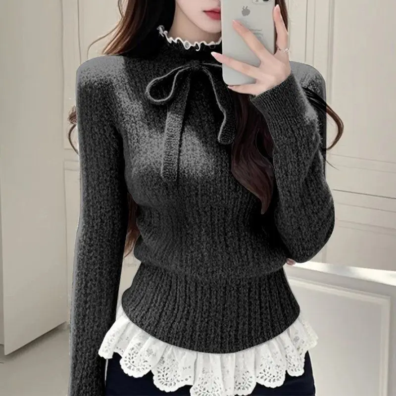 

Autumn Winter Lace Stitching Comfortable Women's Knitting Pullover Sweater Elegant Korean Version Fashion Ladies Jumper E11257