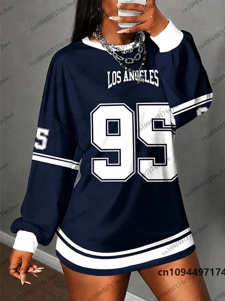 Herbst Neu Los Angeles Nr. 95 Print T-Shirt für Damen Langarm Sport O-Ausschnitt T-Shirts Fußballtrikot Y2K Lose Übergroße Oberteile – Detail 5