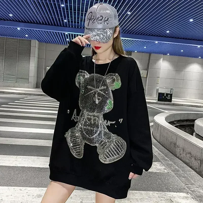 Women\'s Sweatshirt Sequin Woman Clothing Text Hip Hop Loose Baggy Top Glitter Rhinestone Black Pullovers Round Neck Graphic Long