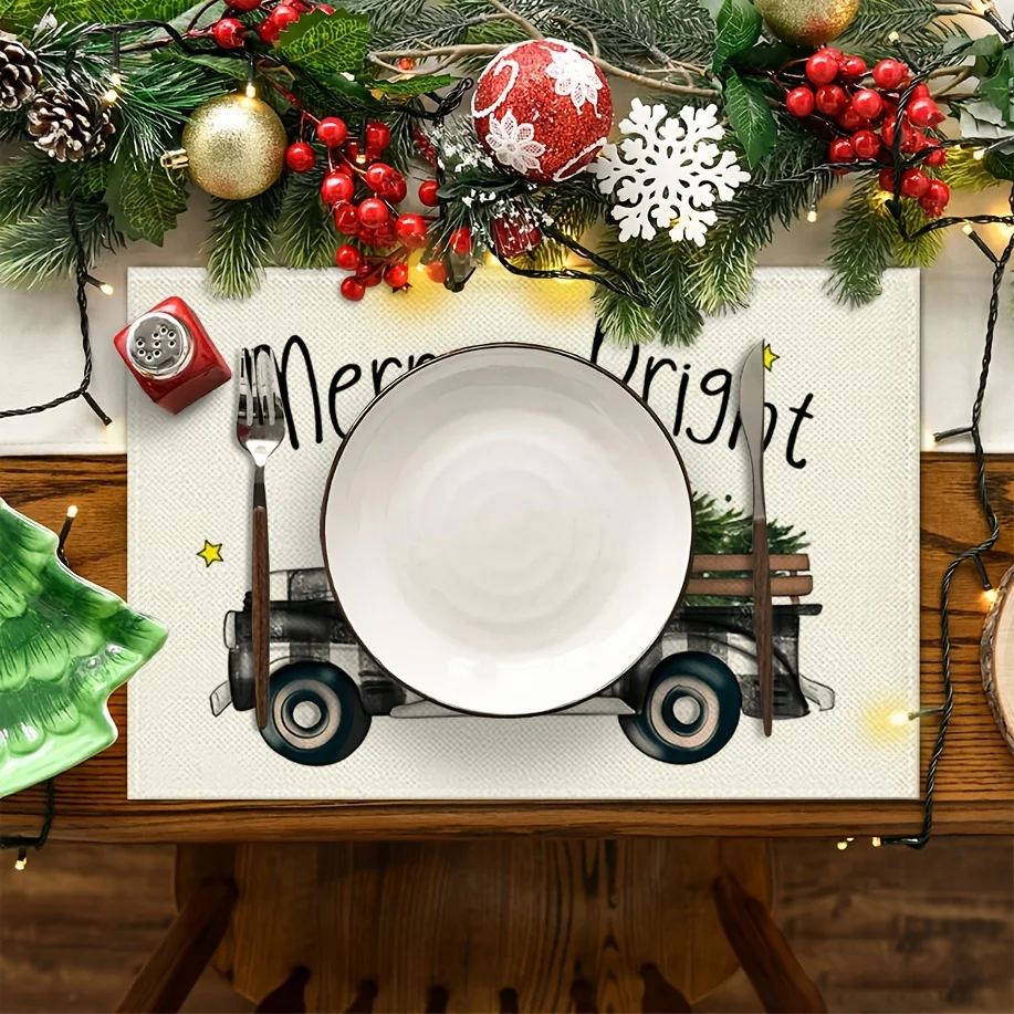 4pcs Truck Christmas Tree Christmas Meal Mat, 12 x 18 inches, Seasonal Rural Holiday Retro Gratitude Winter Meal Mat