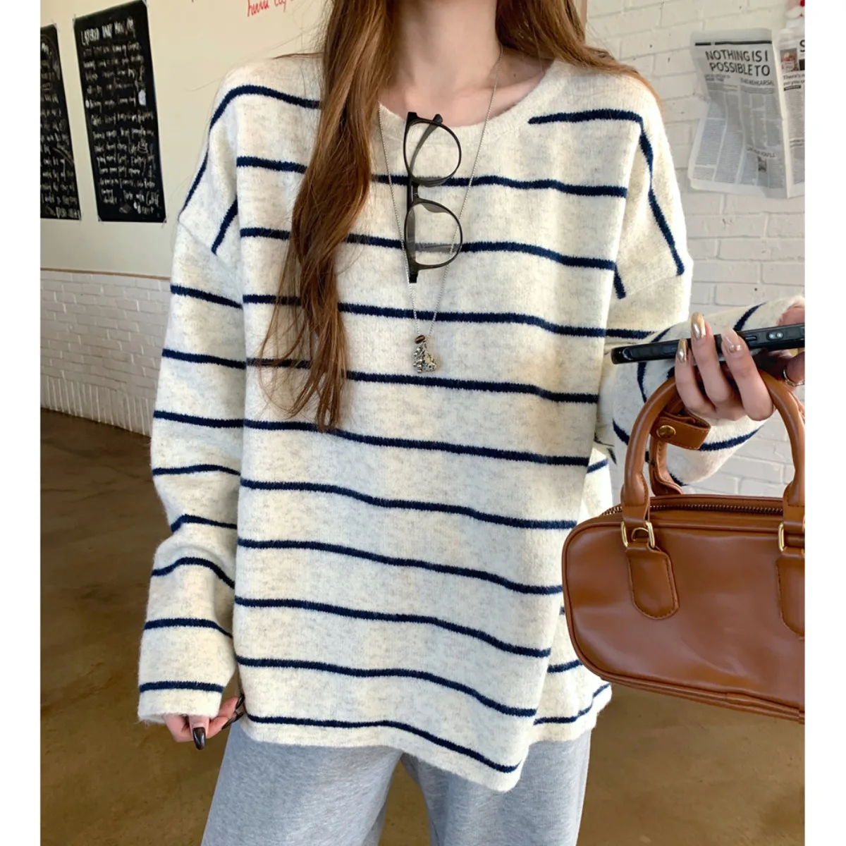 

Loose Fit Women's Knitwear round Ne Stripe Pattern Turtlene Sweater Chic Simple Versatile Lazy Sle Autumn Winter New Ar...
