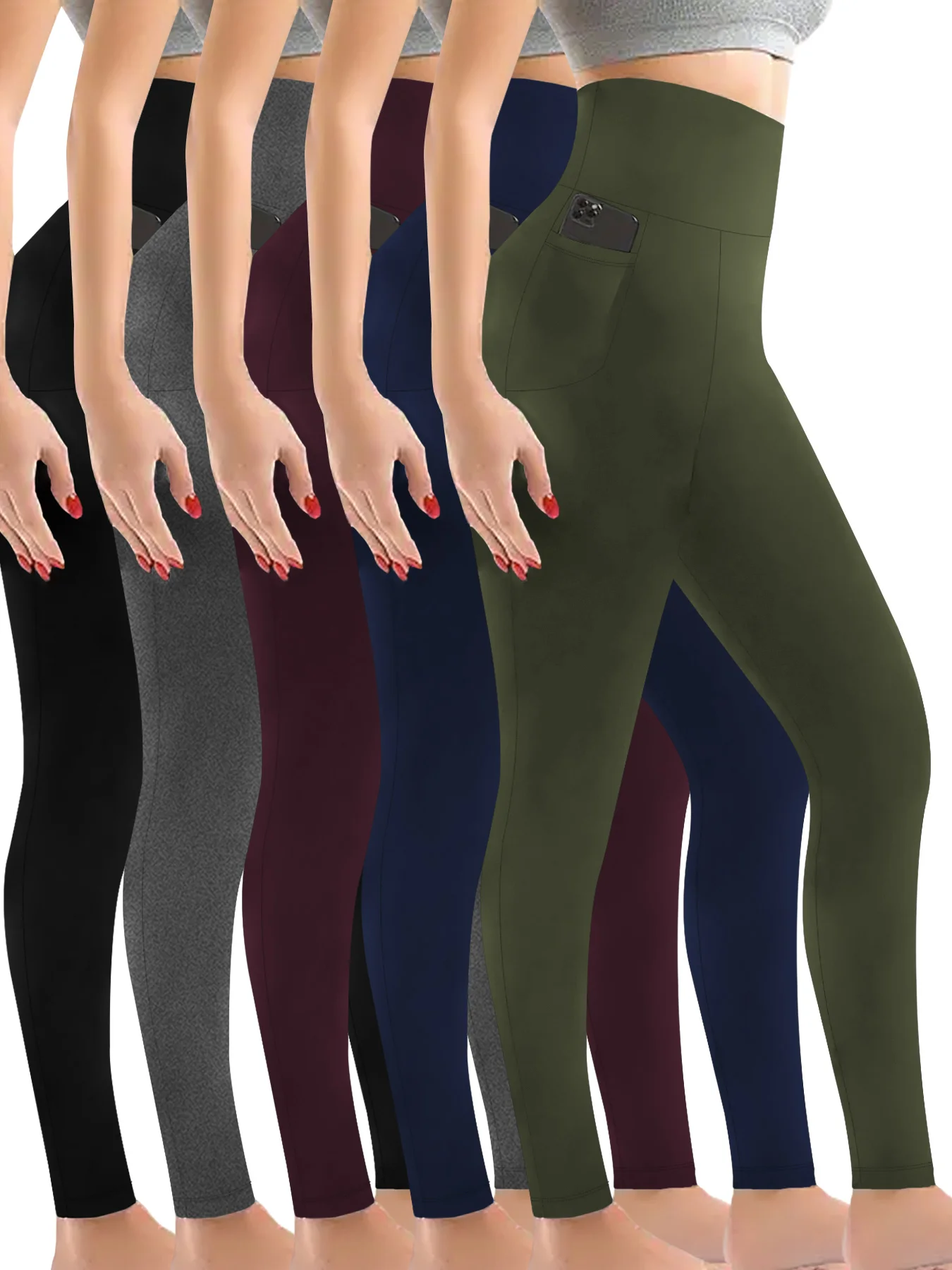 

5 шт. супермягких леггинсов с высокой талией и карманами - женские брюки для йоги с эффектом коррекции живота для тренировок и повседневной жизни