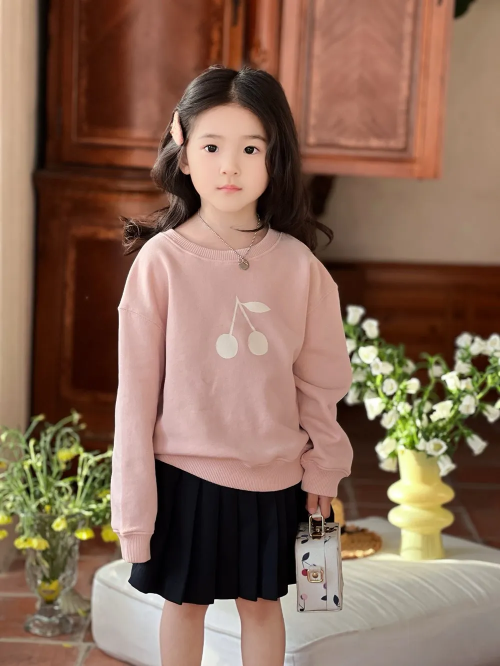 Autumn winter baby girls clothes cherry pattern Sweet pink sweatshirt kids tops casual girls sweatshirt