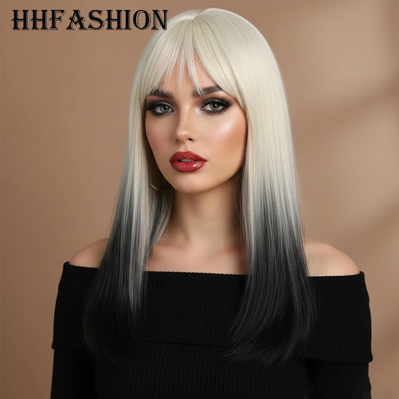 1PC 16 Inch Black And White Dyed Medium Length Synthetic Wig Fluffy Hair Roots Straight Style Enhances Facial Shape