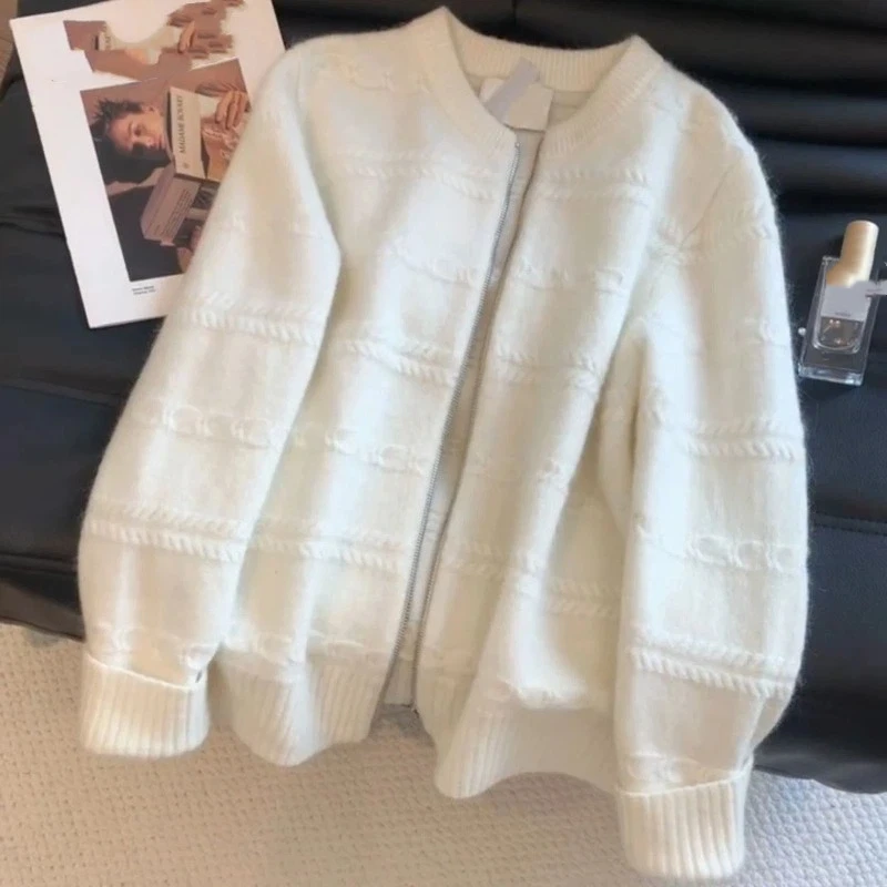 

Korean Gentle Zipper Sweater Jacket for Women Early Autumn Lazy Style Knitted Cardigan Outer Top