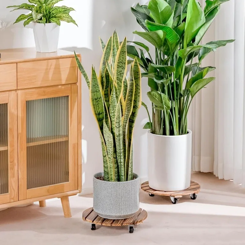 Movable Flower Pot Base Wooden Round Caster Flower Pot Base With Wheels 25X25cm In Carbonized Wood