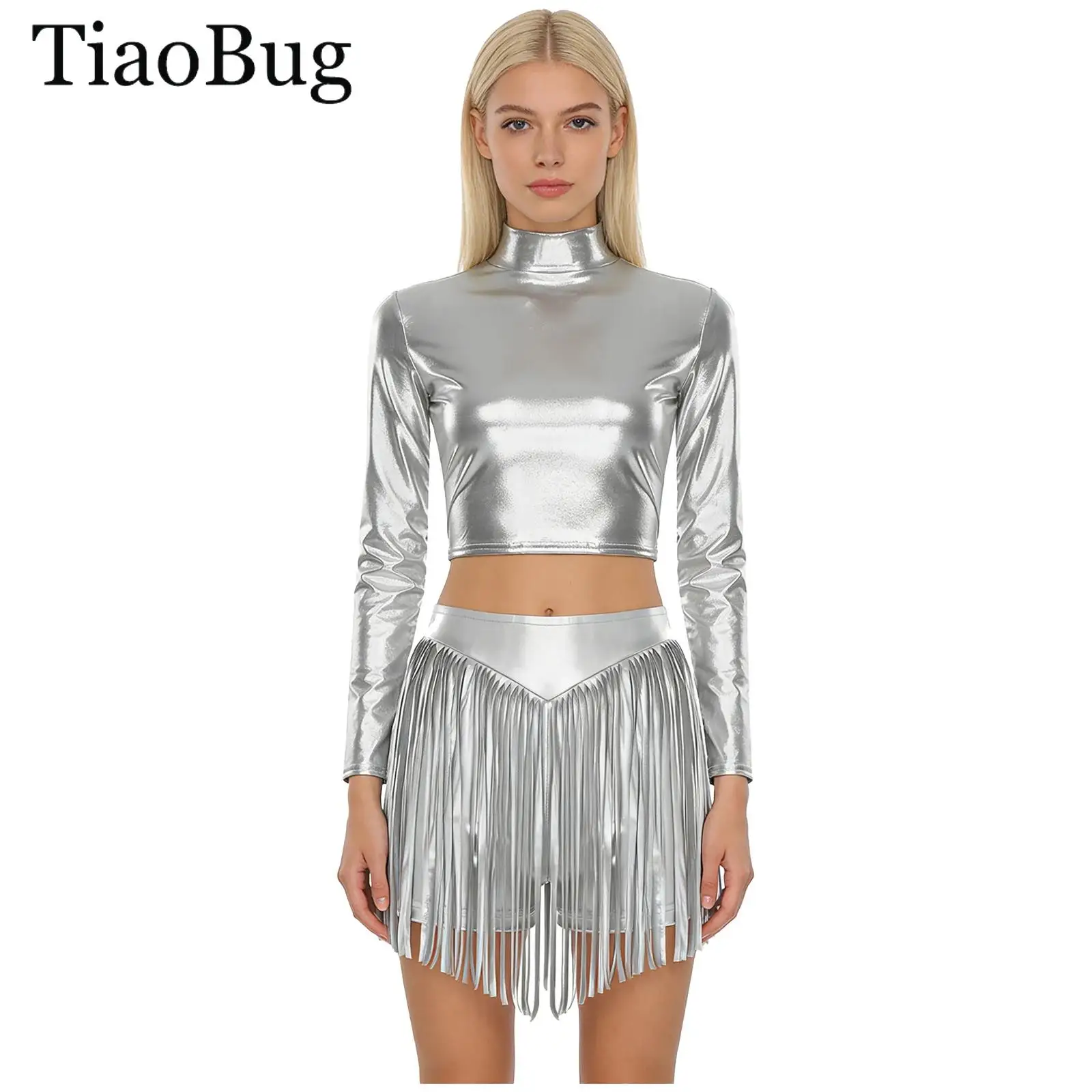 

Women Shiny Metallic Jazz Rave Dance Outfit Long Sleeve Crop Top with High Waist Fringed Hot Pants Set Rock Club Pole Dancewear