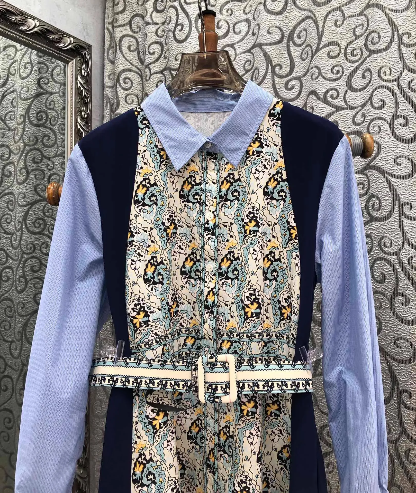 Top qualité nouvelle robe chemise longue 2025 automne femmes col rabattu Vintage imprimé fleuri Patchwork robe à manches longues avec ceinture