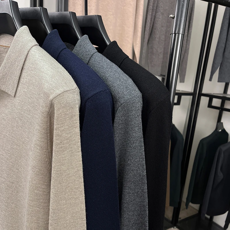 

Высококачественные поло из овечьей шерсти, осень-зима 2022, кашемировый шерстяной свитер, мужские вязаные топы с отложным воротником, пуловеры, джемперы