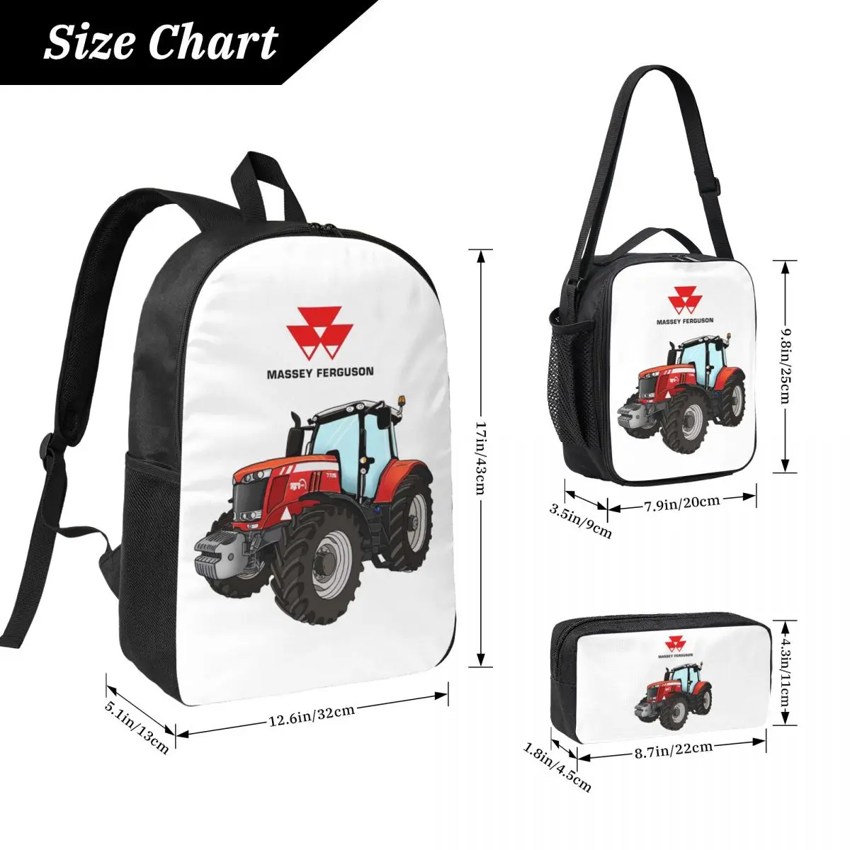Massey Ferguson Tractor Red Tractor Backpack Student BookBag School Bag Laptop Shoulder Bags 3ps Insulated Lunch Bag Pencil Case