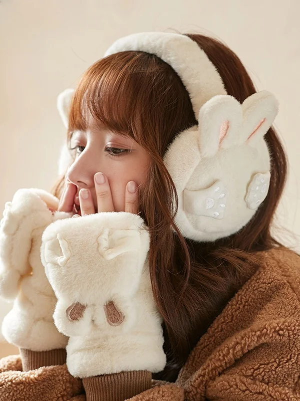Furry Fluffy Thickened Ear Plush Gloves Half Finger Flip Cover Warm Winter Women's Korean Style Student Fleece Lined Gloves