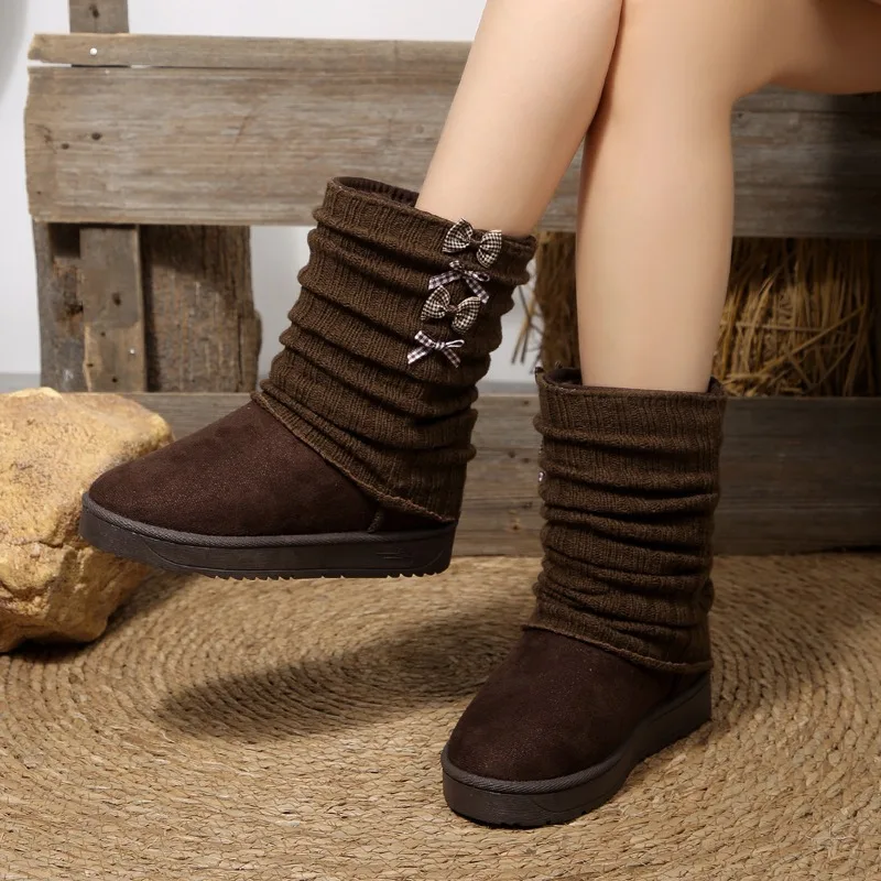 

Стильные хлопковые сапоги с бантом, новые зимние замшевые ботинки с круглым носком, противоскользящие износостойкие ботинки