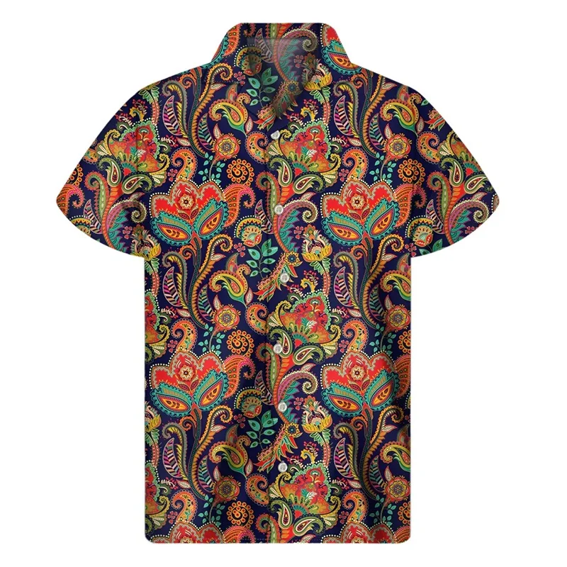 Full Print Paisley Pattern Blouse Shirts For Men Summer Short Sleeve Casual Beach Shirt Mens Oversized Button Up Vintage T Shirt