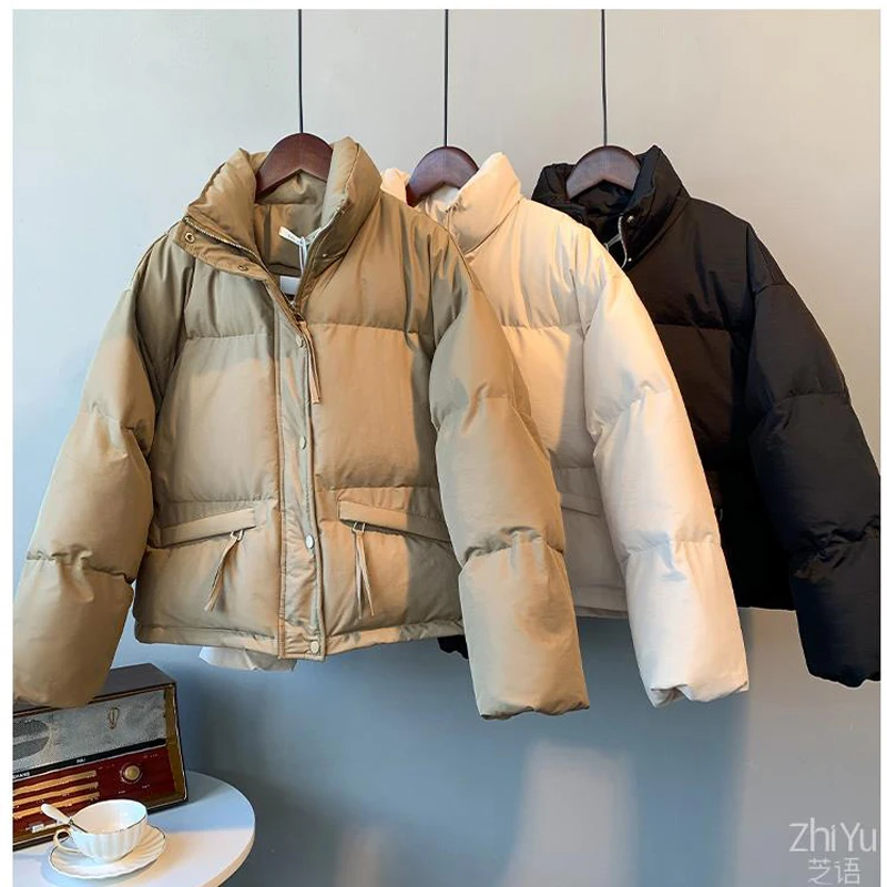 FIGOHR-Veste en duvet et coton pour femme, manteau court, poches avec fermeture éclair, solide, épais, chaud, hiver, 2024