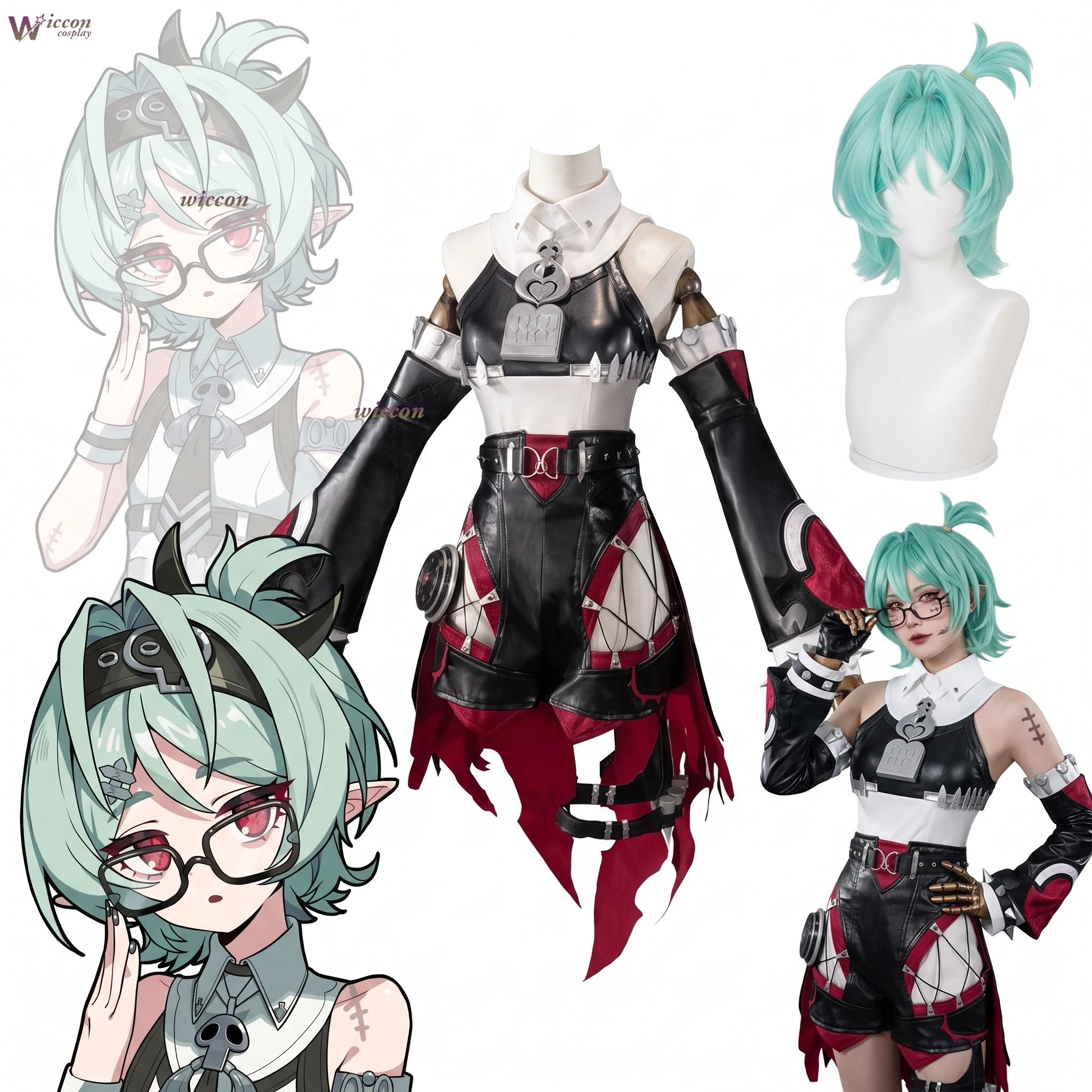 ZZZ Zenless Zone Zero Roxy Ifrita Pryce ‌ Disfraz de Cosplay, Cabello Corto Verde, Diadema, Conjunto Completo para Comic Con, Halloween, Carnaval