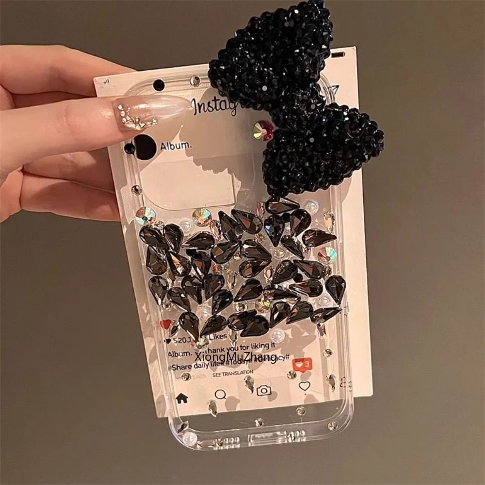 

Custom Phone Case for Iphone 11 12 13 14 15 Pro MAX 15Pro 14Pro Luxury Bling Black Rhinestone Diamond Bow-knot Case