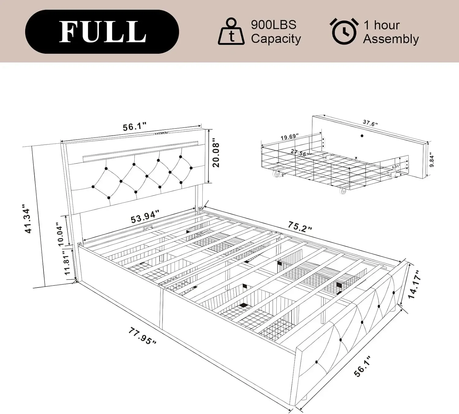 Bed Frame with 4 Drawers and LED Light, Charge Station, PU Leather Upholstered Platform Storage Bed with Adjustable He