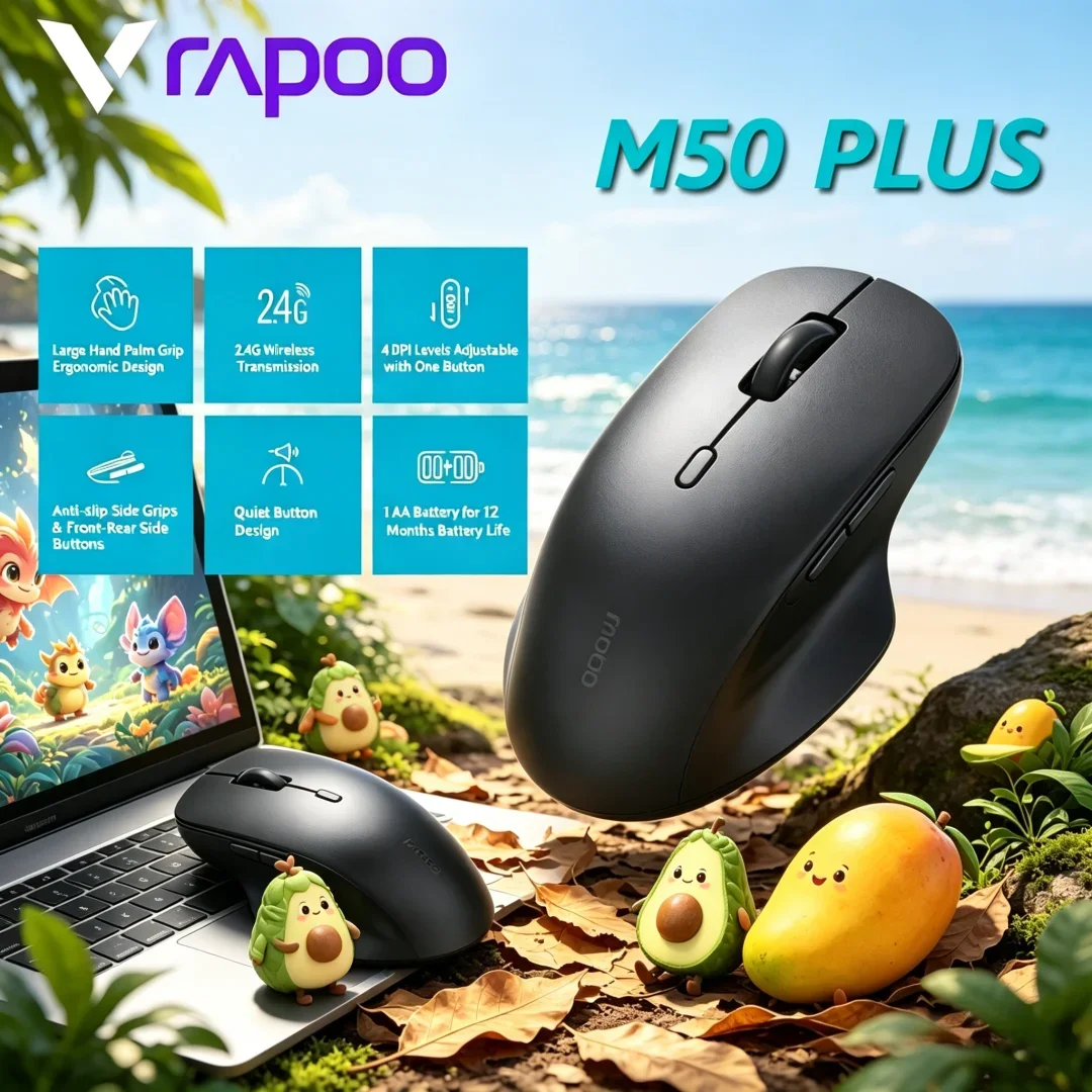 Rapoo M50 PLUS Silent 2.4G Wireless Mouse Optical Ergonomic Implement Refined For Big Palm For Daily Office Use,600 DPI Switch