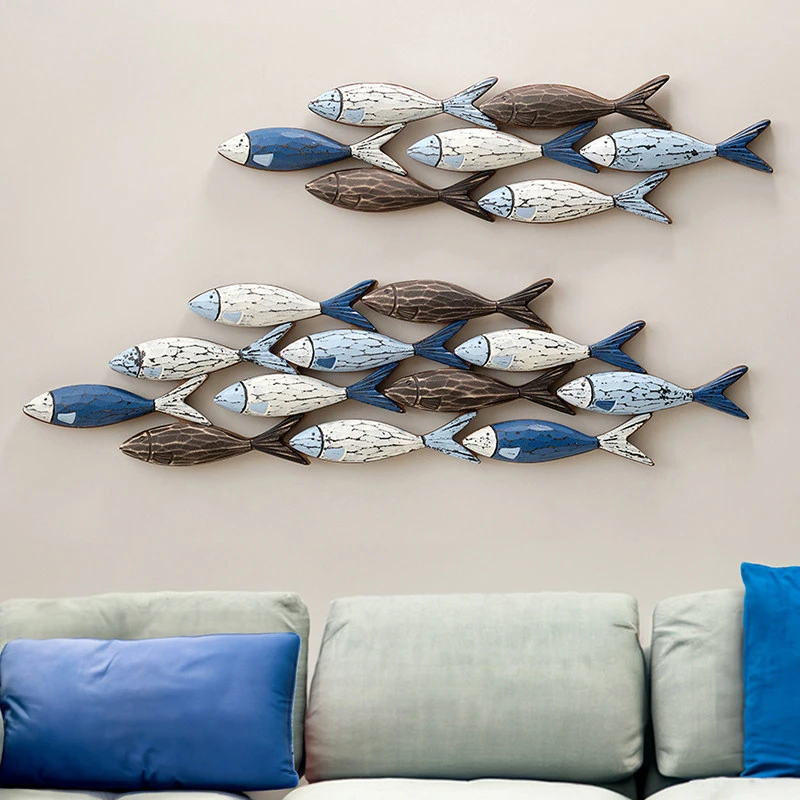 Mediterranean 3D Fish Wall Decor, Hanging Fish Group Ornament, Handmade Creative Decoration for Home Restaurant Bistro Hotel