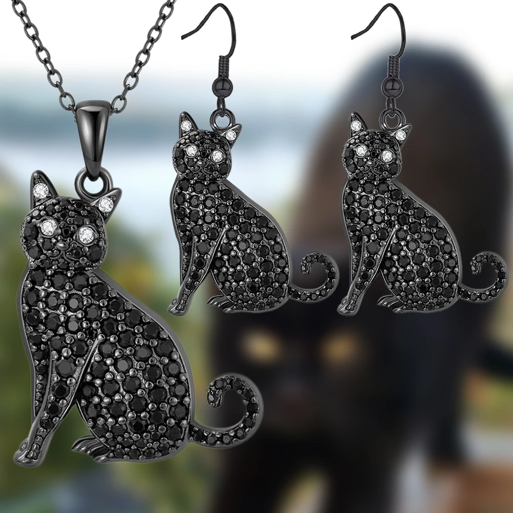 Conjunto de joyería Bombay Cat: collar y pendientes de cristal, regalo sofisticado para amantes de los gatos negros