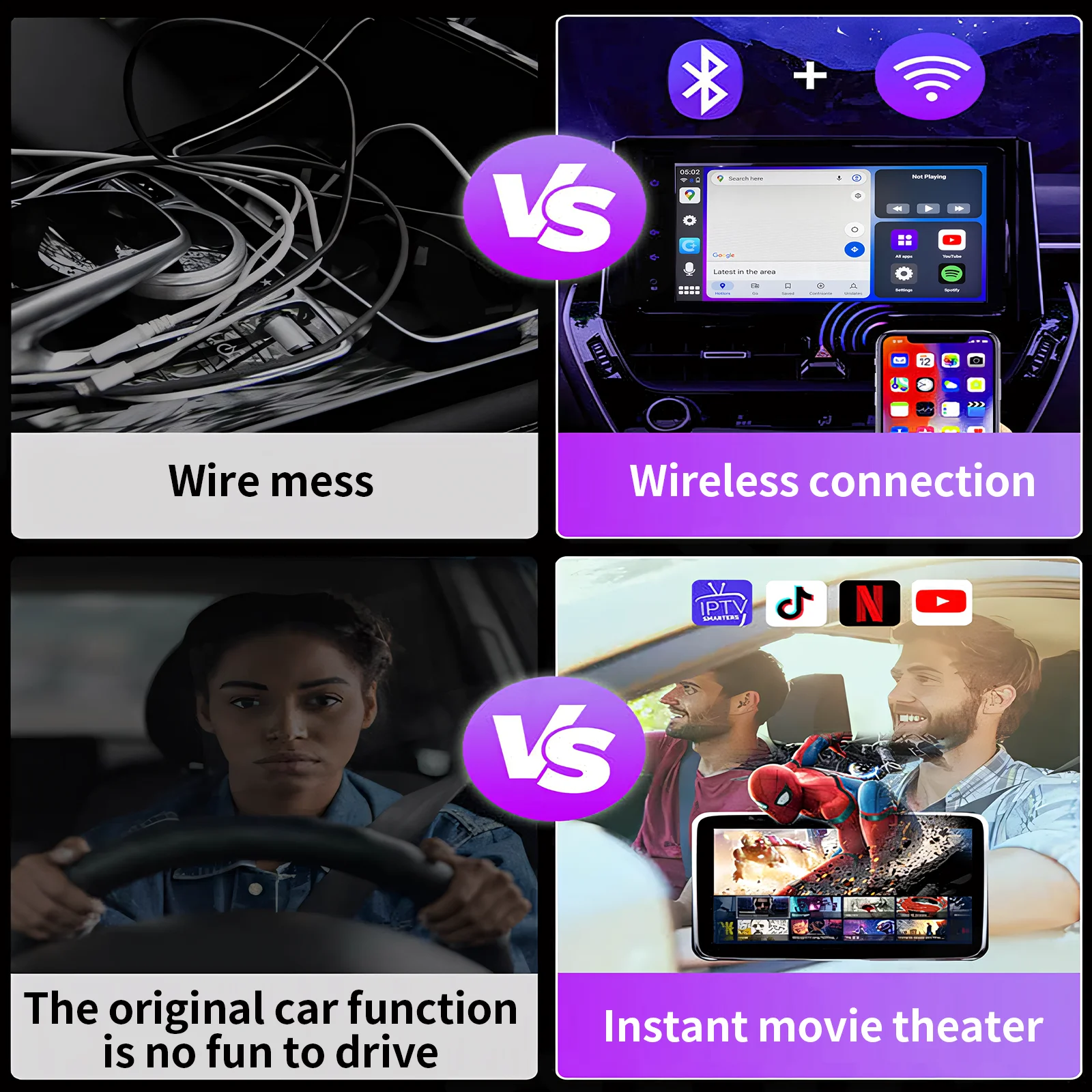 BRUXE R6-H 카플레이 AI 박스 안드로이드 14 무선 어댑터 3in1 시스템 차량용 스마트 비디오 박스 4G 유튜브 넷플릭스 전화 통화 GPS 지원