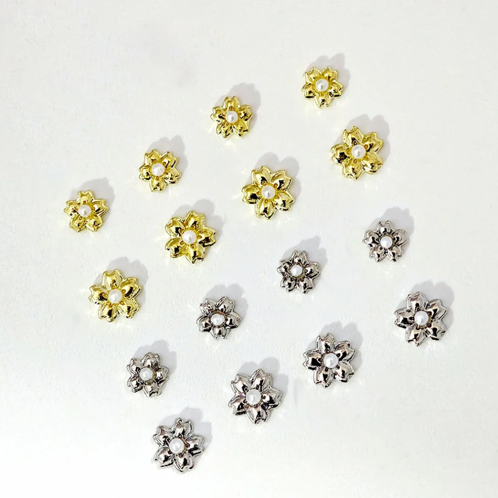 20pcs 3.5+4.3mm Mixed Mini Bauhinia Flower Nail Art Charms 3D Pearl Gold Silver Flowers Nails Decorations Manicure Accessories