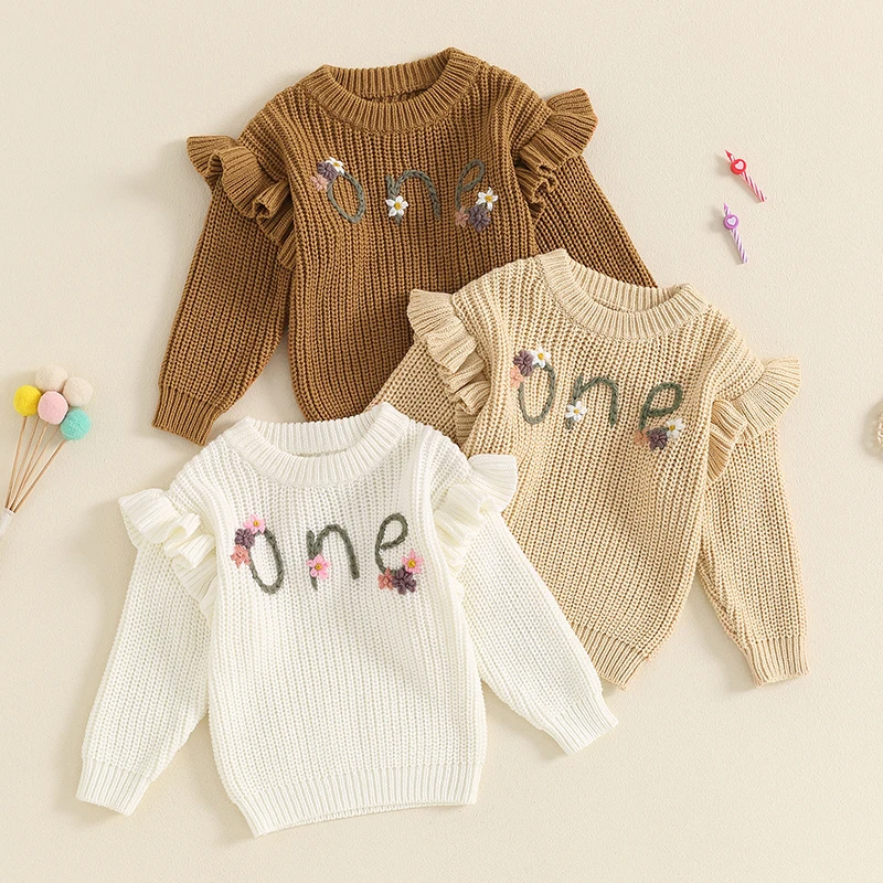 2024-05-23 Lioraitiin Newborn Baby Girl Birthday Sweater Casual Floral Letter Embroidery Warm Knitted Pullover Infant Knitwear