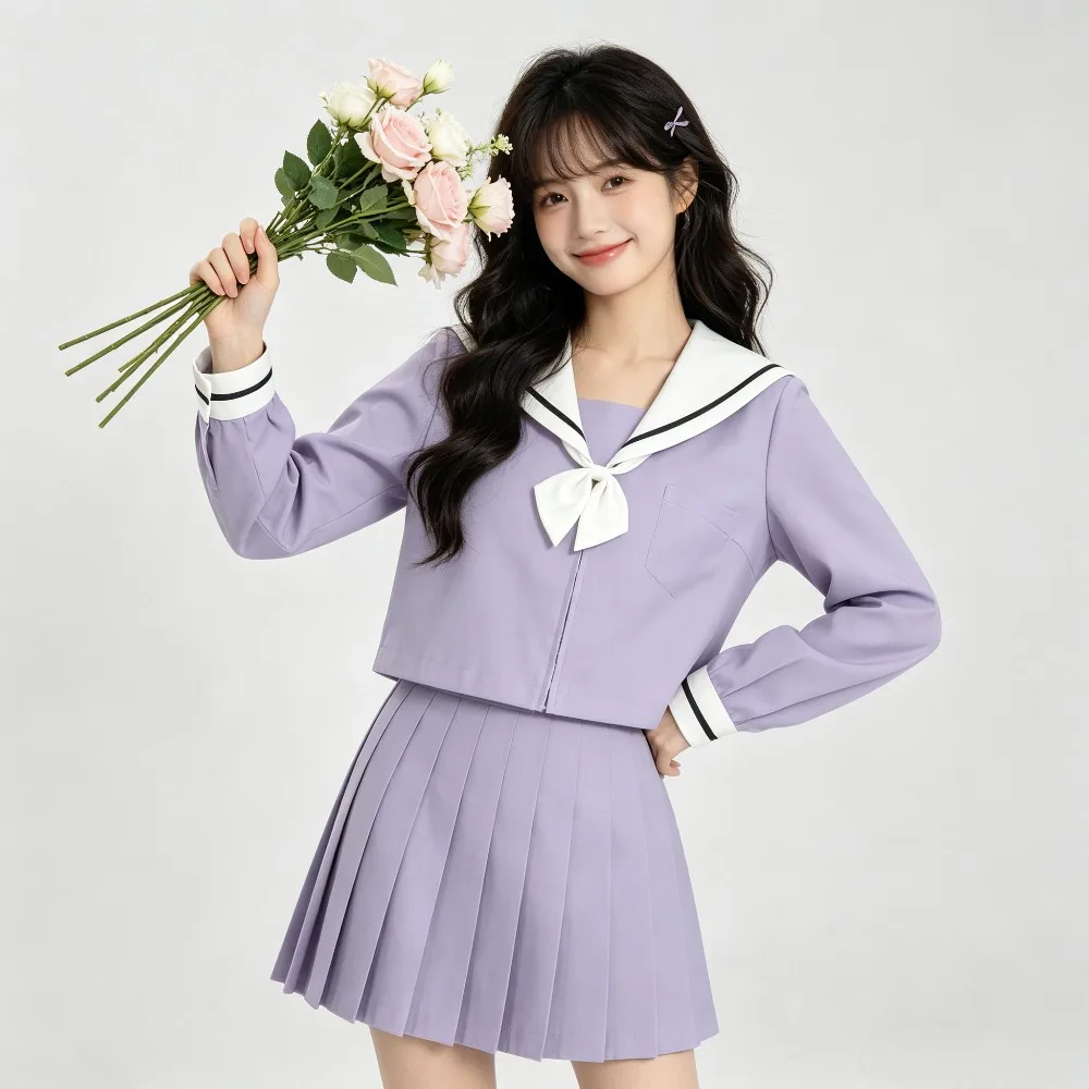 パープルチェリー-jk-学校制服、ホワイトカラー長袖セーラースーツ、卒業写真用衣装、キャンパス日常着-アニメコスプレ