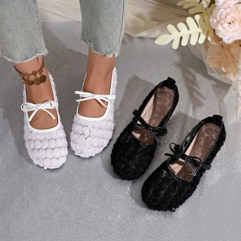 Women's Lace Mesh Mary Jane Shoes Fashion Square Toe Bowknot Flats Soft Sole Comfortable Slip-On Retro Elegant Date Shoes