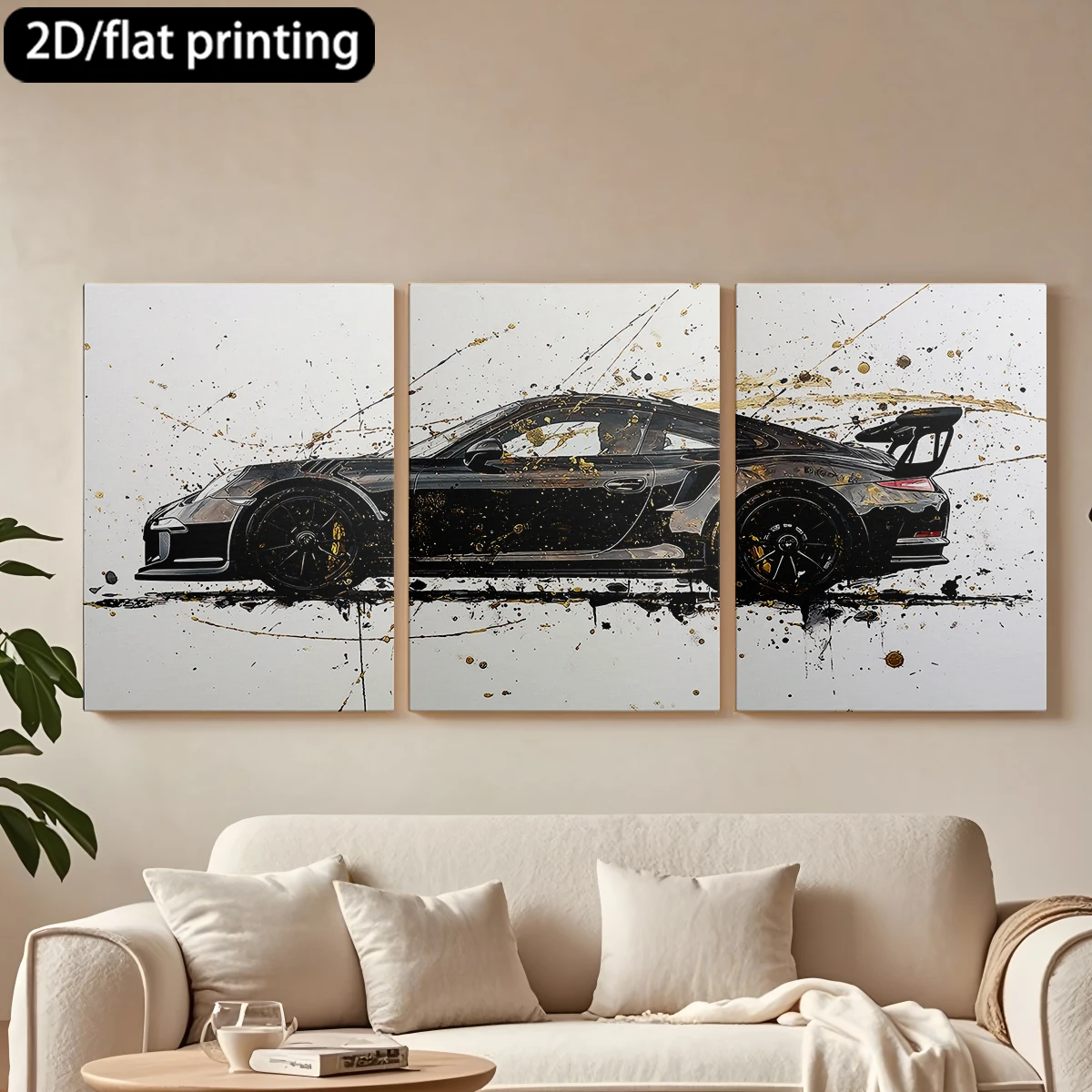 

2D плоская печать, 3-х частная декоративная картина на холсте в деревянной раме, черный спортивный автомобиль, эффект брызг. Декор для коридора и спальни.