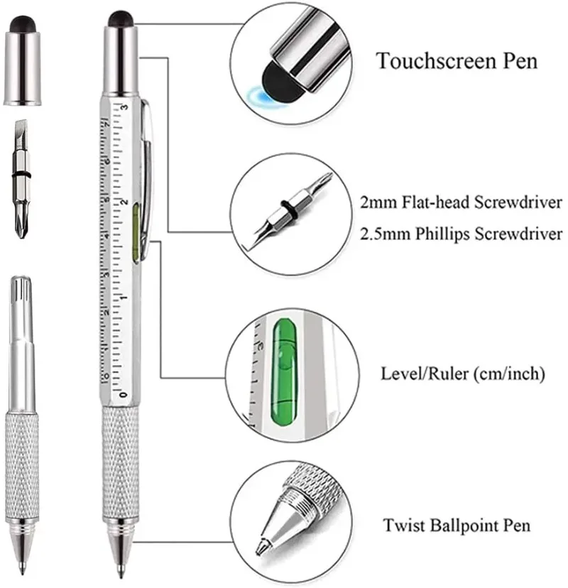 7 in 1 Multifunctional Pen Touch Screen Stylus Capacitive Pen with Screwdriver Ruler Levelgauge Refillable Ballpoint Pencil Tool