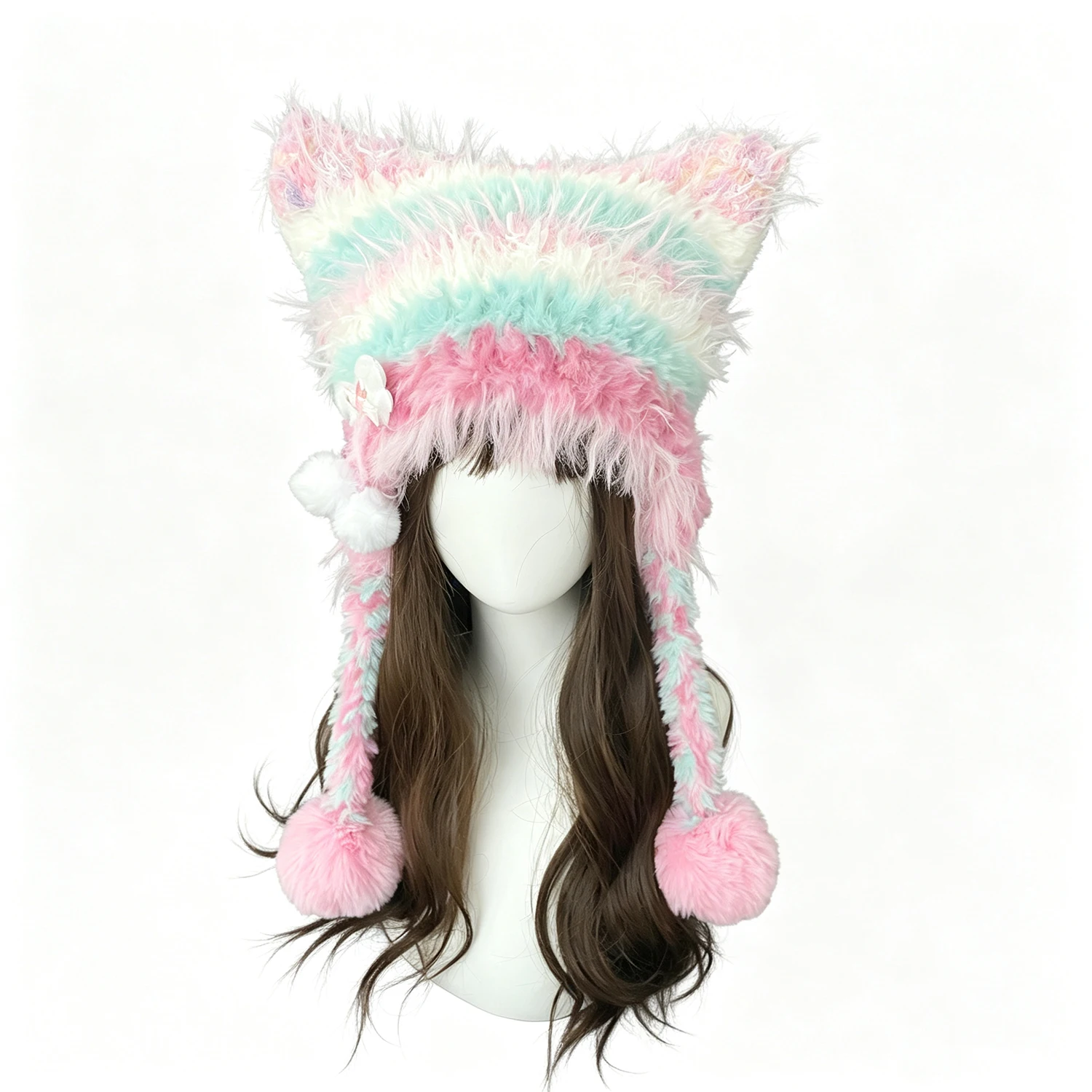 Custom Crochet Handmade Pastel Cat Ear Hat Women Wings Pom Charm Knitted Beanie Girl Sweet Fairycore Lolita Winter Warm Earflap