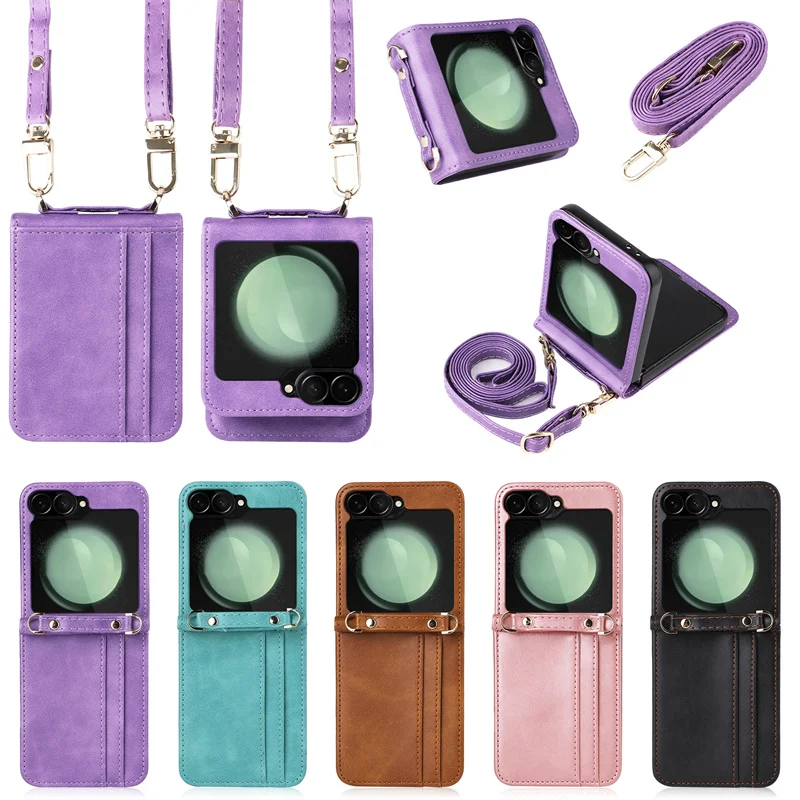 For Samsung Galaxy Z Flip 6 5 4 3 5G Flip6 Flip Lanyard Integrated Flip PU Leather Card Holder Wallet Leather Phone Case