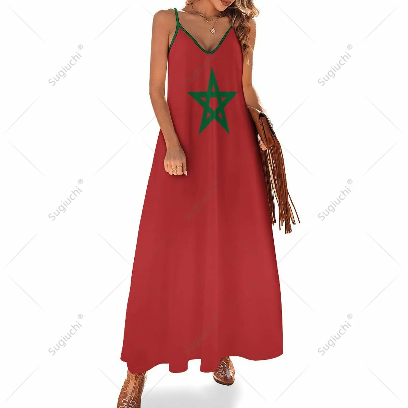 Long Dresses Dress Morocco Flag Print New Casual Sleeveless Women\'s V-Neck Printed Dress Swing Retro Dresses