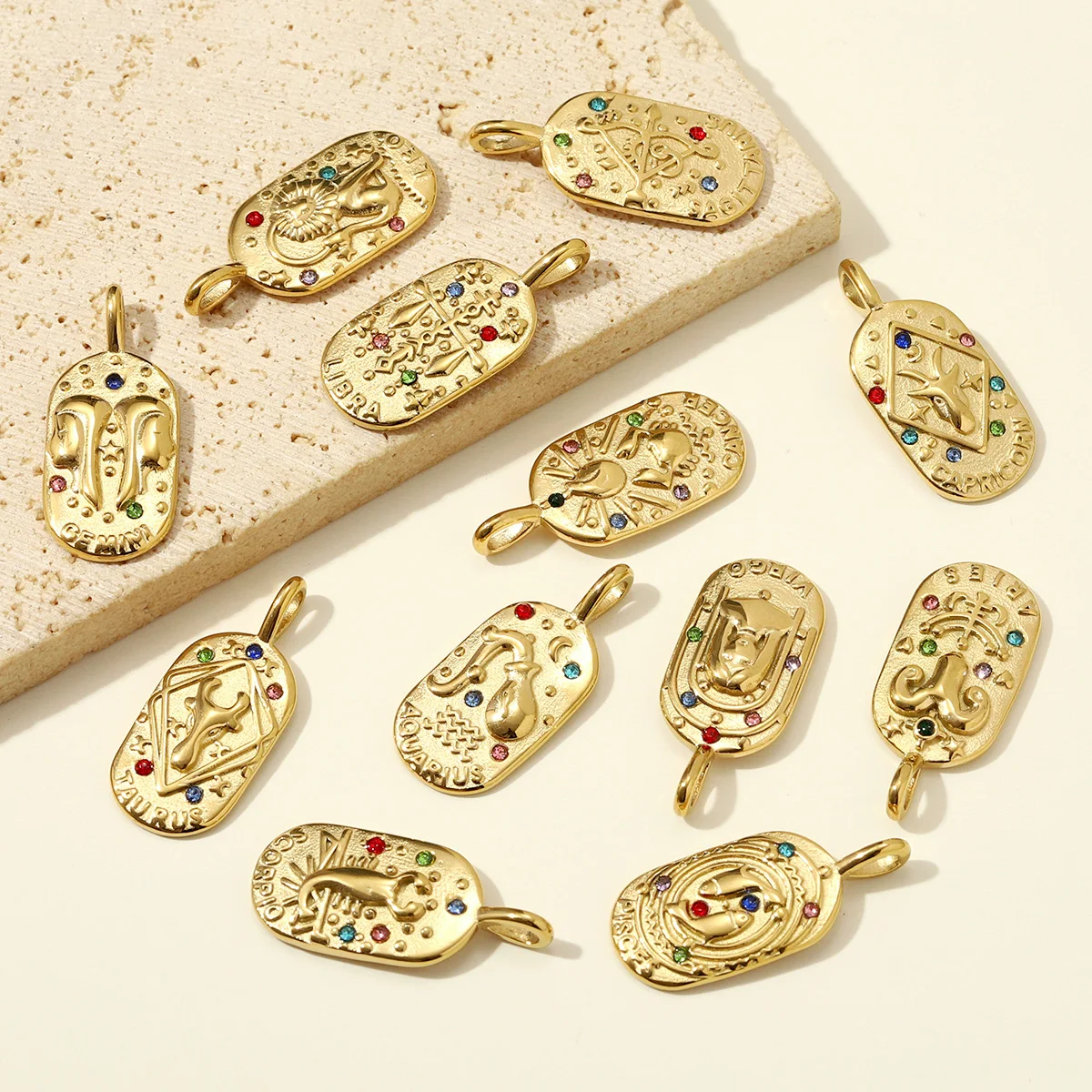3pcs/Lot French Retro Stainless Steel Square Zodiac Sign DIY Charms Rhinestone Aries Cancer Necklace Pendant Woman Jewelry