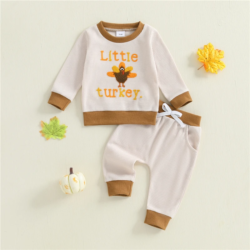

Toddler Boys Thanksgiving 2Pcs Clothes Sets Long Sleeve O Neck Turkey Embroidery Pullover Tops Drawstring Pants Sets