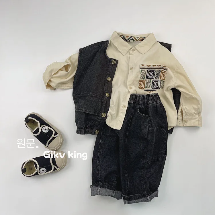 2024 Spring New Children Vintage Denim Trousers Toddler Boys Girls Loose Straight Leg Pants Kids Fashion Casual Versatile Jeans