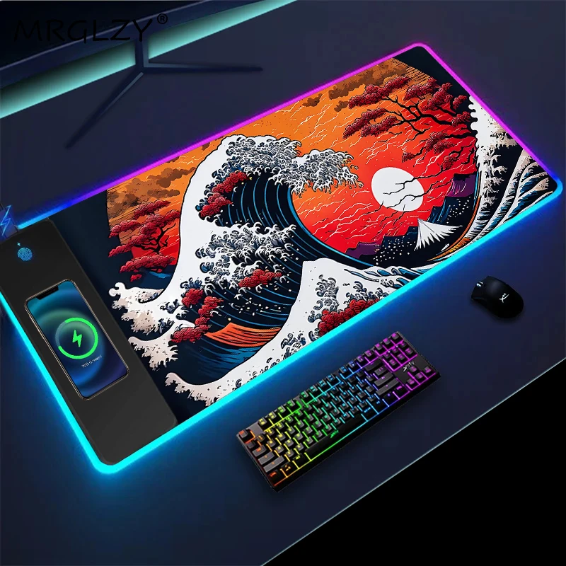 Wireless Charging Japanese Waves Laptop Table Big Mouse Pad Desk Protector Surface for The Mouse Things Desk Gamer Accessories