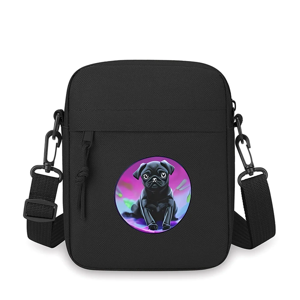 

Black pug dog sitting pose design Men Crossbody Bag Single Shoulder Women Cartoon Anime Film Printing Design Unisex